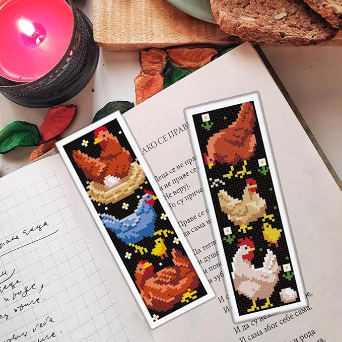 ORIGACH 6 Set Chicken Cross Stitch Bookmark Kit for Beginner with Backing Felt Floss Instructions DIY Stamped Embroidery Bookmark Kit for Adults, Book Lovers