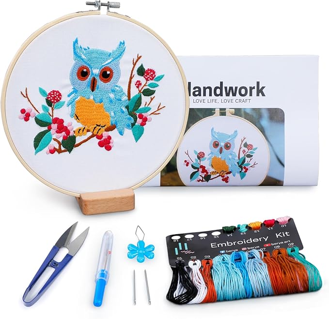 BERYA Owl Embroidery Kit, Embroidery Kit for Adult, Owl Pattern Practice Kit, Including Video Step by Step Instructions, Embroidery Hoop, Cloth, Needles and Thread for DIY Craft Lover (BEO011)