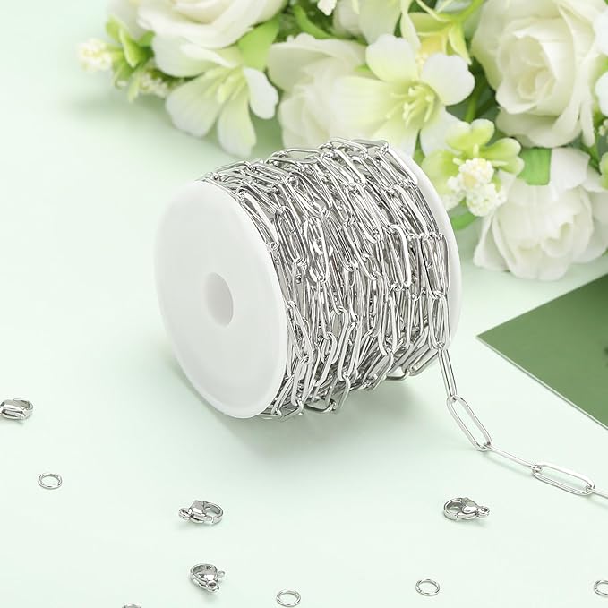 SMYHTGLIF 16.4 Feet Silver Stainless Steel Jewelry Making Chains Oval Paperclip Soldered DIY Necklace Bracelet Chain with Lobster Clasps and Open Jump Rings for Jewelry Making