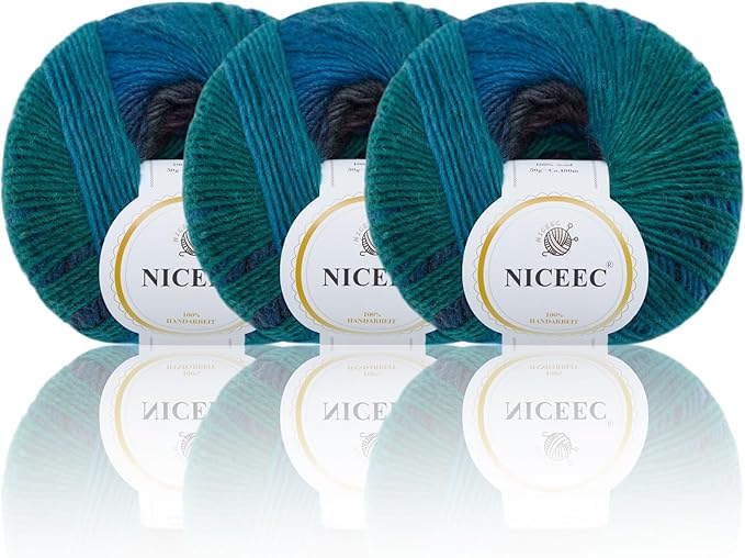 NICEEC 3 Skeins Rainbow Soft Yarn 100% Wool Gradient Multi Color Yarn for Crocheting Knit Total Length 180m×3(196yds×3,50g×3)-8#