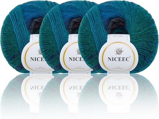 NICEEC 3 Skeins Rainbow Soft Yarn 100% Wool Gradient Multi Color Yarn for Crocheting Knit Total Length 180m×3(196yds×3,50g×3)-8#
