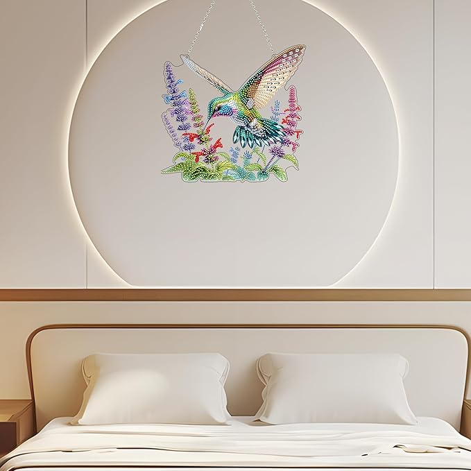 JJFox Diamond Art Hanging Kit for Adult,Special Shaped Rhinestone,DIY Acrylic 5D Diamond Art Painting Window Pendants Home Garden Wall Hanging Kits Hanging Ornament (Hummingbird)