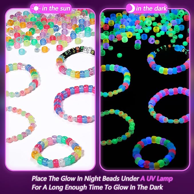 1000Pcs 6x9mm Glow in The Drark Pony Beads for Jewelry Making, 5 Style Color Kandi Hair Beads for Braids, Bracelets Making Kit, with Stretch Cord and Scissors