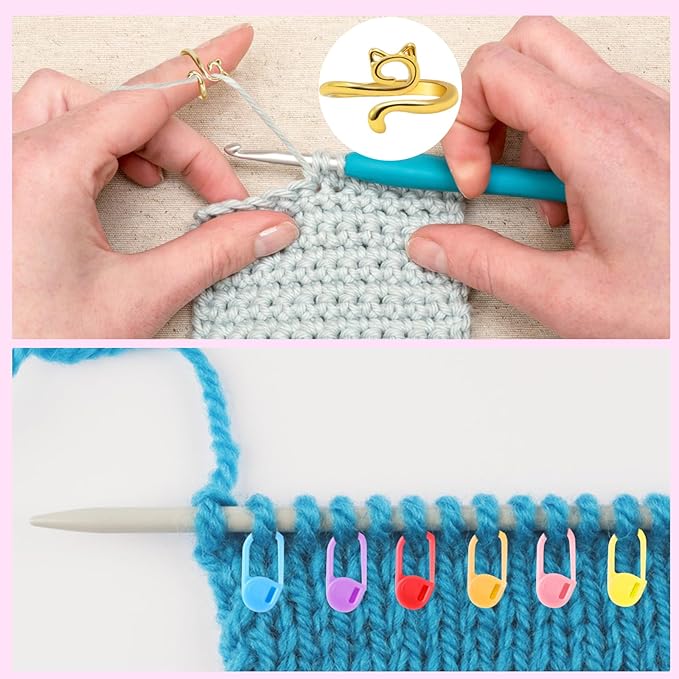 LBU 5Pcs Crochet Ring + 100Pcs Stitch Markers Adjustable Crochet Tension Rings for Finger Handmade Open Yarn Guide Crocheting Rings Knitting Accessories with Box Crochet for Crocheters Knitters(Cat)