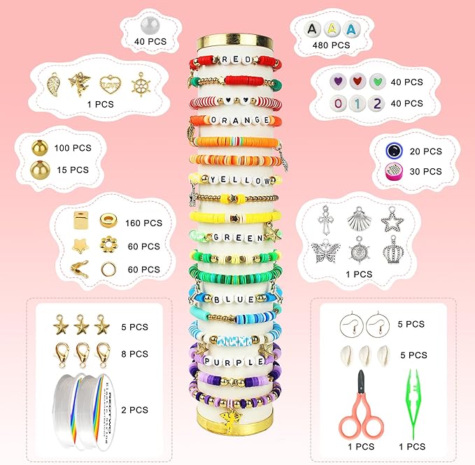 Redtwo 23000Pcs Clay Beads Friendship Bracelet Making Kit, 7 Boxes 144 Colors Flat Polymer Heishi Beads Set for Friendship Jewelry Making Kit with Pendant Charms, Crafts Gifts for Girls Ages 6-12 Kids