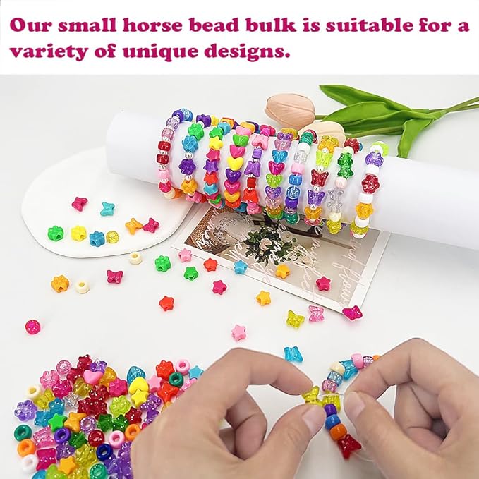 MIIIM 1000Pcs 6x9mm Pony Beads Shapes in 5 Styles 21 Colors, Heart, Star, Butterfly, Flower, Assorted Kandi Beads for Friendship Bracelet, Big Hole Hair Braids Crafts, Jewelry Making (Multi-Colored)