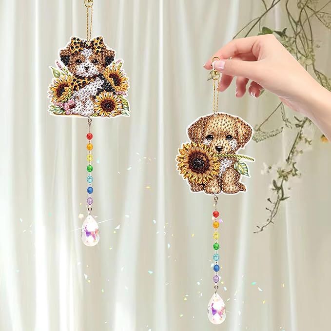 LazyFold 2 Pcs Diamond Painting Wind Chime Kits,Cute Puppy DIY Diamond Art Painting Wind Chime Kits Crystal Art Suncatchers for Adults Home Garden Window Craft Gift