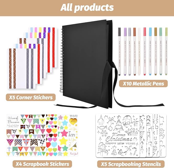GOTIDEAL 12 x 12 Inch Scrapbook Album with 10 Metallic Markers,80 Pages Craft Paper Photo Album for Wedding and Anniversary, Family DIY Photo Album with Scrapbooking Stickers Corners(Black)