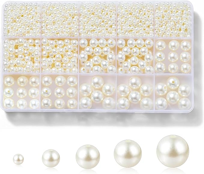 Laopottbeads 1225 Pcs Ivory White 5 Size Pearl Beads for Jewelry Making Round Pearl DIY Kit for Bracelets, Earrings, Necklaces & Anklets