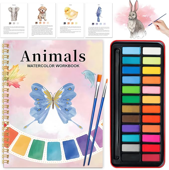 Watercolor Workbook - Coloring Book Beginner Friendly Painting Kit, Watercolor Workbooks for Adults with 24 Colors Paint, Exploration Gift for Adults Teens (Animals)