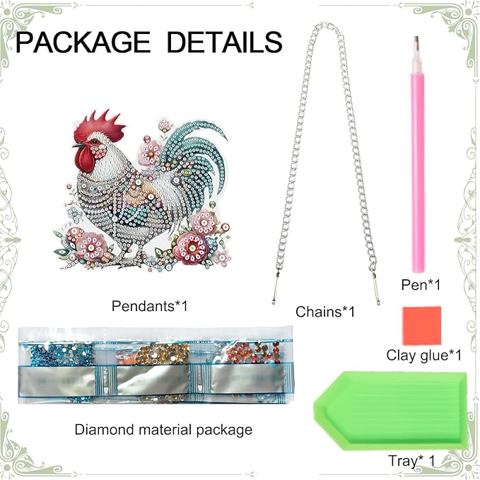 5D DIY Diamond Painting Pendant Kit – Rooster with Floral Design, Handmade Acrylic Diamond Art Hanging Ornament for Wall Window Home Decoration and Gift
