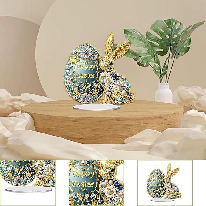 AIBOERL DIY Tabletop Diamond Art Painting Kit,Desktop Ornament Special Shaped Rhinestone Desk Placement Ornament,Home Stand Up Gem Painting Craft Kit,Gift,Double Sided (Easter Bunny 1)