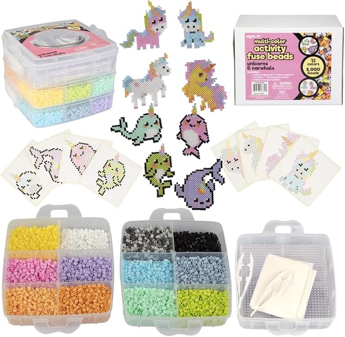 Fuse Beads Super Value Kit- 8000 Beads- Unicorn & Narwhals- Includes 12 Colors, 4 Peg Boards, Tweezers, Ironing Paper & Design templates- DIY Art Craft Project for Kids Vacation, Camp Or Holiday Gift