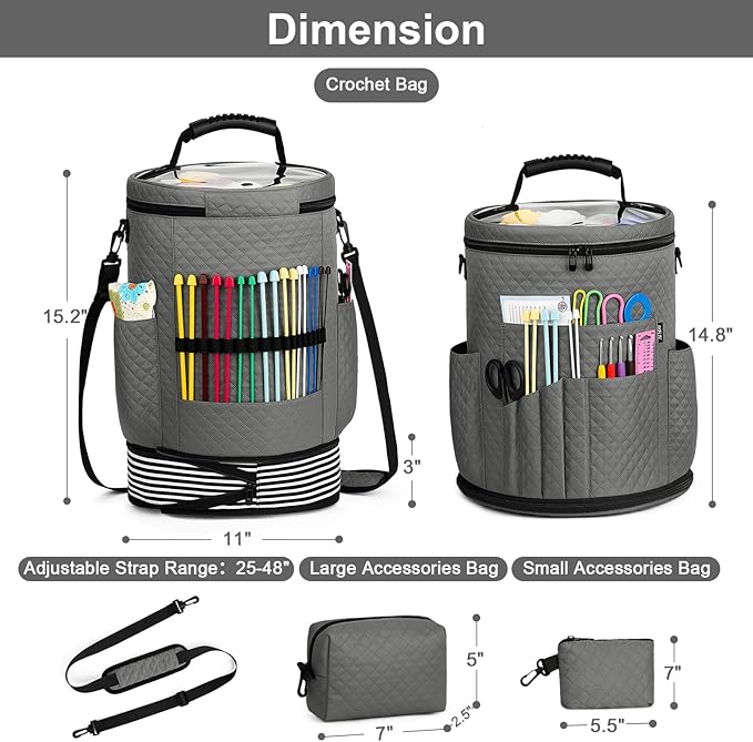 IBFUN Crochet Yarn Knitting Bag 3PCS - Expandable Yarn Storage Organizer Crocheting Bag with Accessories Cases Adjustable Strap for Hooks, Needles, Accessories, Crochet Lovers, Supplies, Beginners