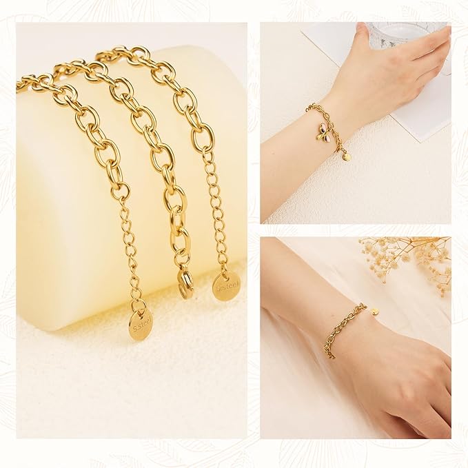 10 PCS 6.7 Inches Charm Bracelet Chains for Jewelry Making Gold Plated Stainless Steel Chain Link Bracelets Set with Lobster Clasps Adjustable Extender