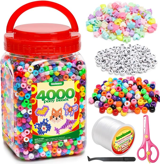iooleem multi-colored bulk pony beads - 4000pc kit for friendship bracelets & jewelry making, easy storage