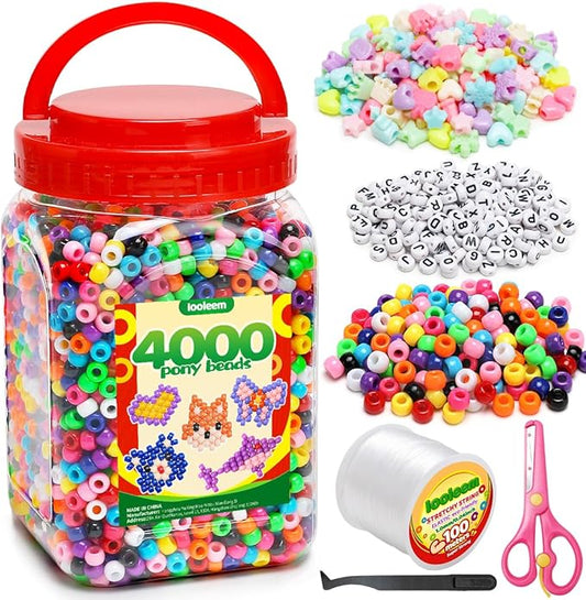 iooleem multi-colored bulk pony beads - 4000pc kit for friendship bracelets & jewelry making, easy storage