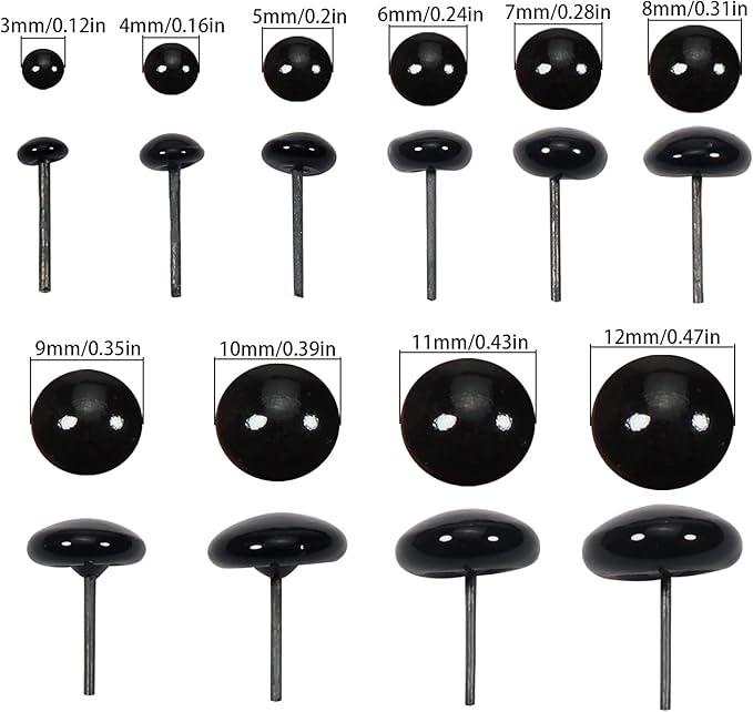 TOAOB 100pcs Black Glass Eyes Kits 3mm to 12mm Assorted Sizes for Crafts Needle Felting Bears Dolls Decoys Sewing
