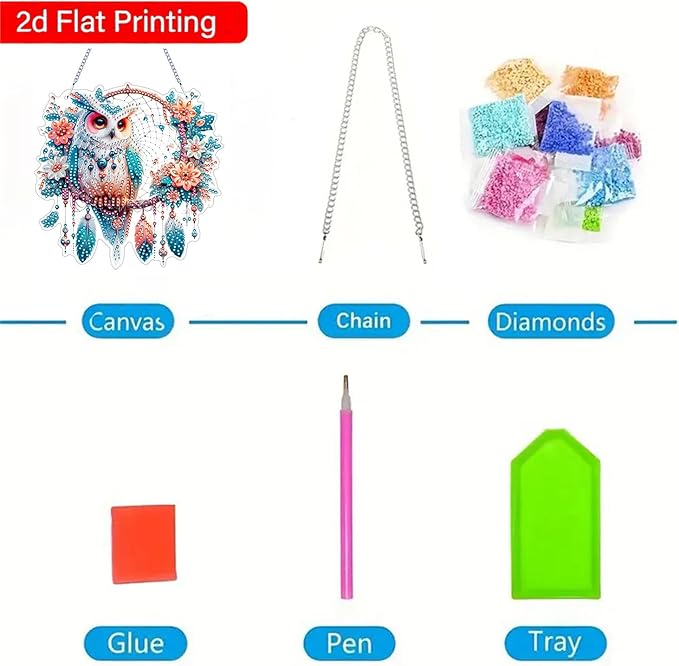 ZeeLionArt Hanging Diamonds Art kit for Adult,Owl Pendant Diamonds Painting Art Kit,7.0x7.0inch Acrylic Diamonds Painting Board Kit Ornament, Special Crystal Diamond Hanging Ornament