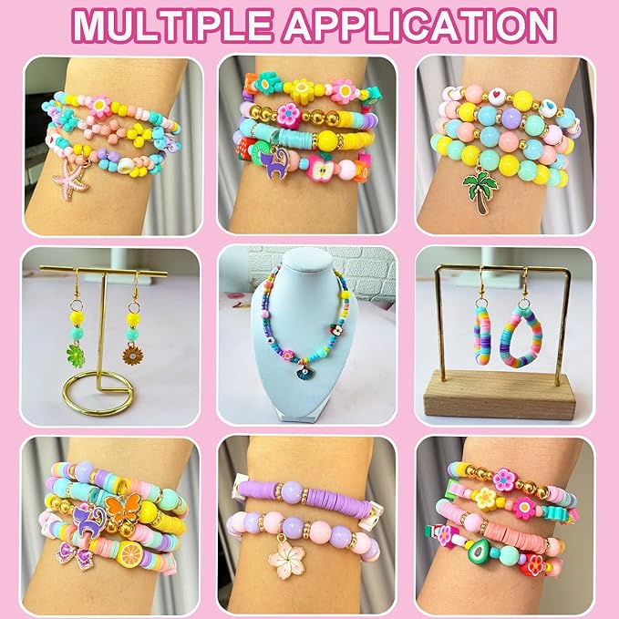 3100Pcs Clay Bead Bracelet Making Kit - Macaron Polymer Clay Heishi Seed Beads Assorted Acrylic Round Pastel Beads Gold Spacer Beads Spring Flower Charms for Bracelet Jewelry Earring Making DIY Craft