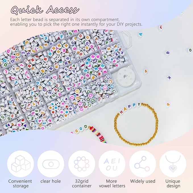 1600pcs Colorful Letter, Star, Heart, Number, Smiley Face Beads and Elastic String 7x4mm Alphabet Beads 31 Styles for Jewelry Making