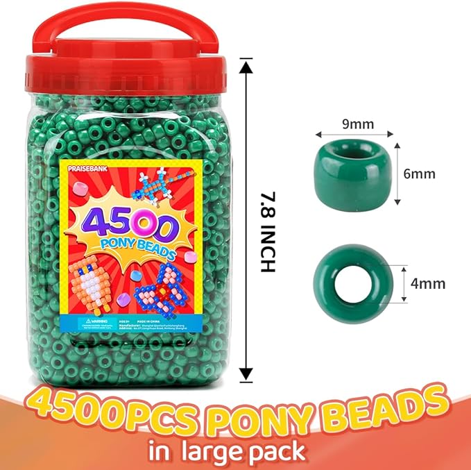 praisebank pony beads, 4500pcs 6x9mm, wholesale beads, bracelets jewelry making, arts & crafts(dark green)