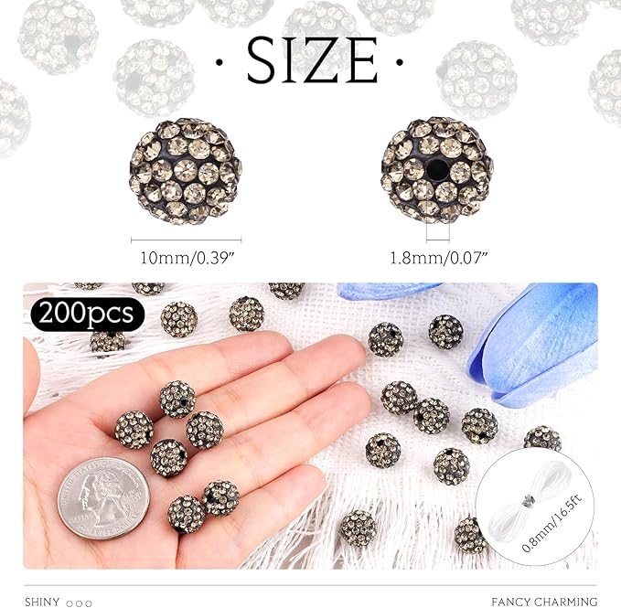 200 pcs gray rhinestone beads for jewelry making, sparkle crystal clay christmas for bracelet baseball necklace earring crafting and diy, shiny round shamballa disco ball beads bulk