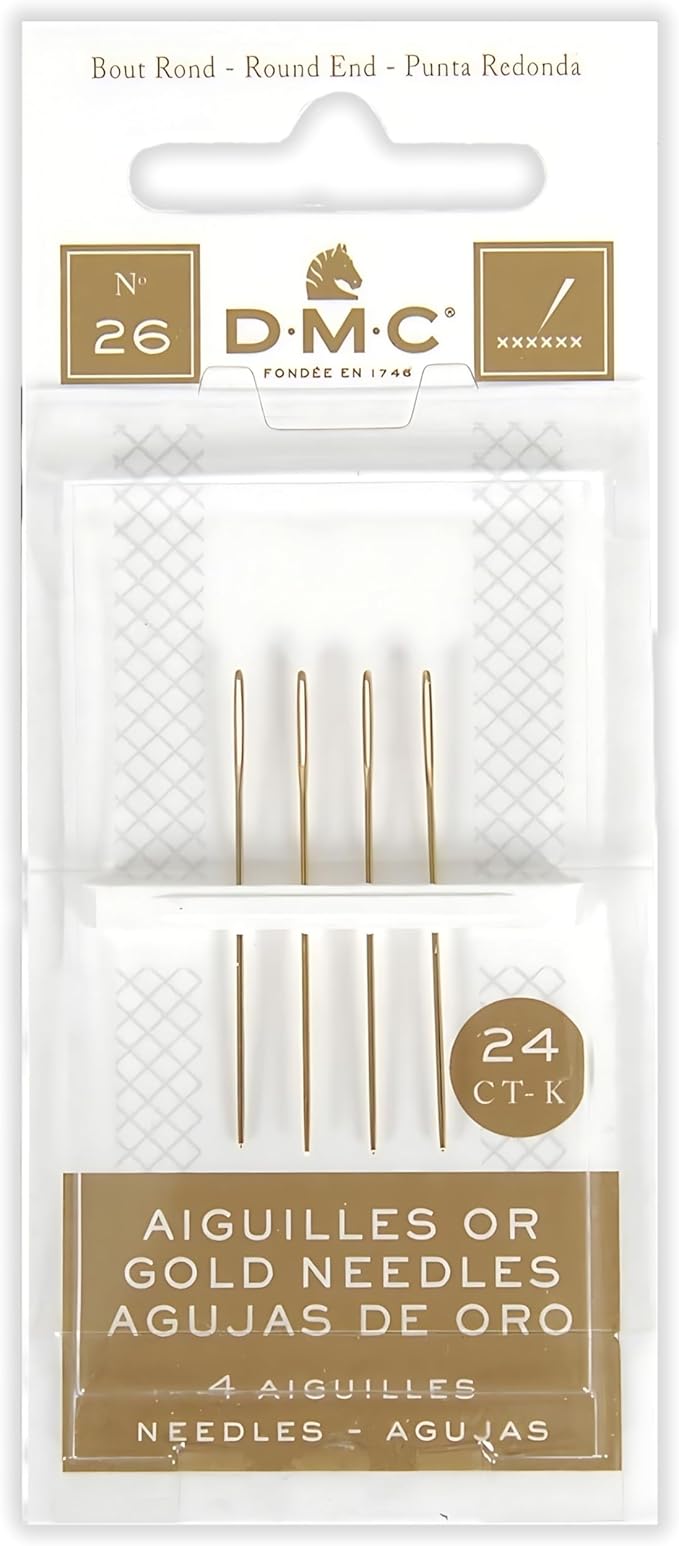 DMC Size 22-24-26 (3 Pack) Gold Cross Stitch Needles Kit, Large Eye Round End Embroidery and Tapestry Hand Needles with Maker Susan Embroidery Thread Holder Organizer Card (12 Needles, 1 Org Card)