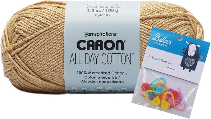 Caron All Day Cotton Yarn - 100g/3.5oz - 100% Mercerized Cotton - 173 Yards Bundle with Bella's Crafts Stitch Markers (Jute)