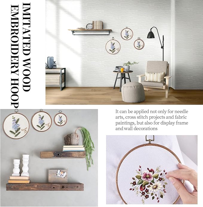 piutouyar 3 pieces round embroidery hoop set imitated wood display frame embroidery hoops circle cross stitch hoop ring for art craft sewing and hanging ornaments decor (4"+6.7"+8.4")