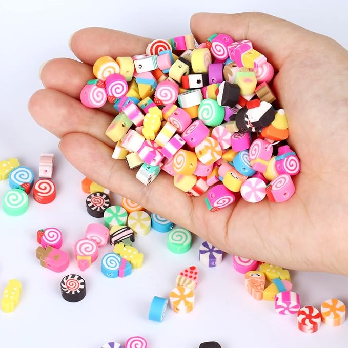 200PCS Colorful Candy Polymer Clay Beads 10mm Mixed Candy Ice Cream Spacer Beads Handmade Polymer Clay Beads Kit Bulk for Jewelry Making DIY Bracelet Necklace
