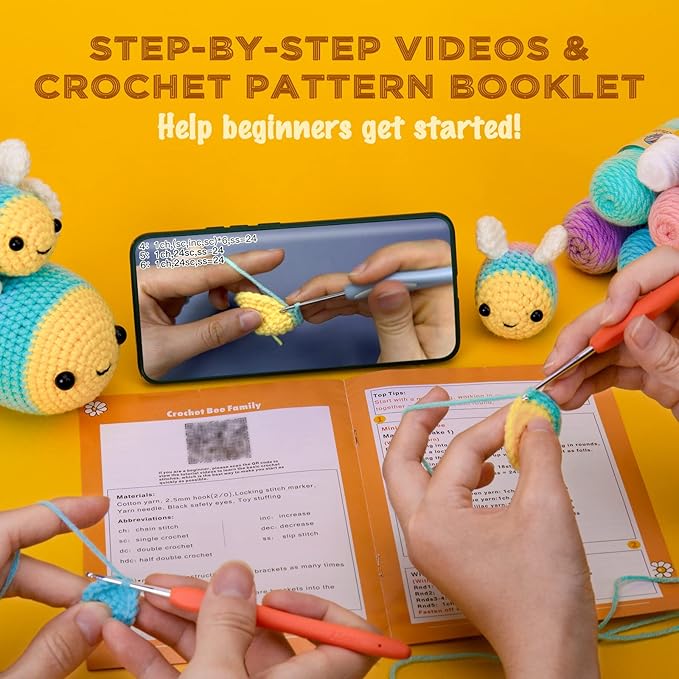 Crochetta Crochet Kit for Beginners, Beginner Crochet Starter Kit w Step-by-Step Video Tutorials, Learn to Crochet Kits for Adults Women Men, DIY Knitting Supplies, Bee Family (Yellow)
