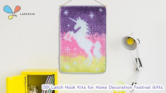 LAPATAIN Latch Hook Kits DIY Crochet Yarn Kits,Unicorn Carpet Embroidery Hook Rug Kit Needlework Sets Cushion for Adults Home Decor 20x15inch