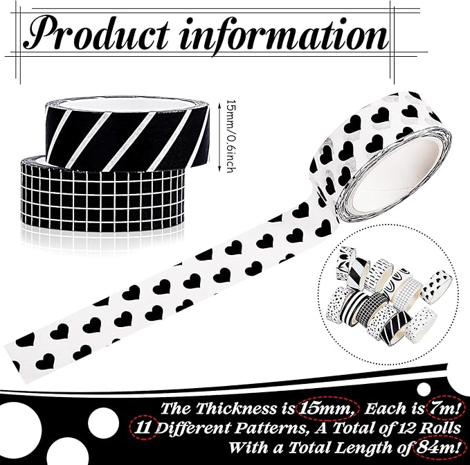 Outus 12 Rolls Washi Tape Set Black White Paper Thin 15 mm Wide 7 Meters Long Decorative Craft Adhesive Masking Tape Washi Tape Black White Strip for DIY Wrapping Decoration (Stylish Style)