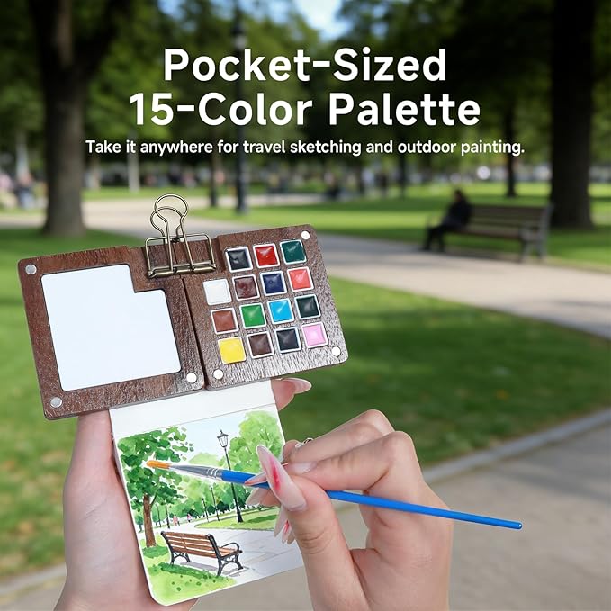 Mini Watercolor Travel Set – Magnetic Wooden Paint Palette with Anti-Beading Mixing Area – Portable Pocket Watercolor Paint Set for Urban Sketching & Travel