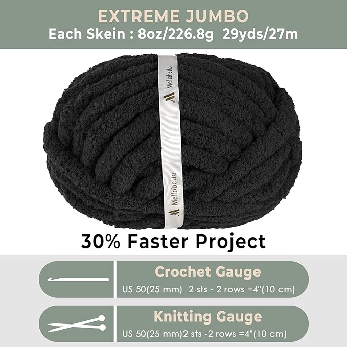 Jumbo Chunky Yarn for Hand Knitting - Super Thick Chenille Chunky Yarn for Crocheting - Extra Soft Bulky Fluffy Blanket Big Yarns 8 Jumbo Pack (27yds,8 oz Each Skein) Black
