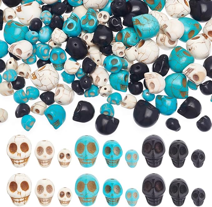 arricraft 144 Pcs 4 Sizes Skull Beads, Synthetic Turquoise Skull Head Beads Loose Spacer Beads Charm for Bracelet Necklace Jewelry DIY Craft Making Halloween Decoration