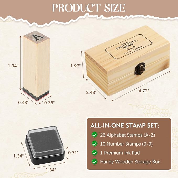 Letter Stamps 36 Pcs with Wooden Storage Box, Premium Alphabet Stamps Set for Crafting, Essential Rubber Letter Stamp Kit for Clay, DIY Cards & Scrapbooking