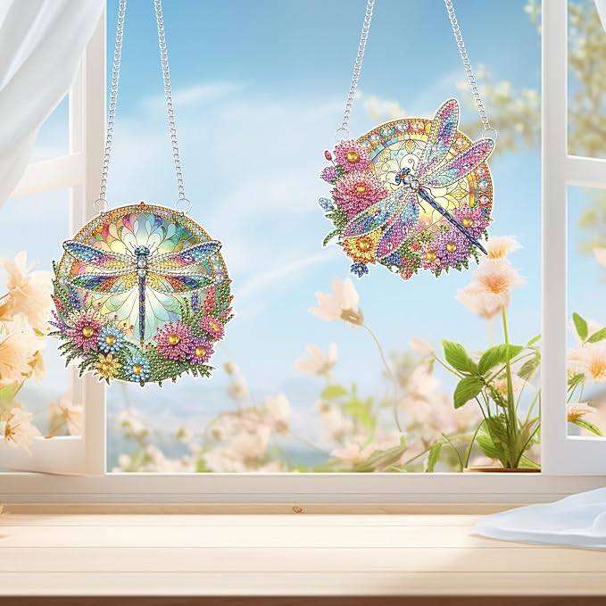 2 Pack 5D DIY Diamond Painting Pendants – Dragonfly & Flower Hanging Ornaments, Irregular Diamonds, Acrylic Wall & Window Decor, Handmade Gift Craft Kits