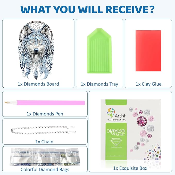 MEIYUDA Wolf Diamond Art Hanging Kits for Adult, Wolf Dreamcatcher Diamond Painting Hanging Kits Ornaments, DIY Special Shaped Rhinestone Window Pendants Kit for Home Garden Wall Decor Gift