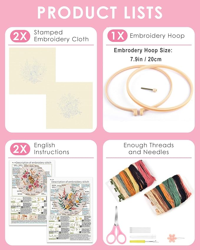 TINDTOP 2 Pack Embroidery Kit for Adult, Embroidery DIY Starter Kit, with Stamped Patterns, Hoop, Tools, Colorful Threads with Needles, Instructions (Bee)