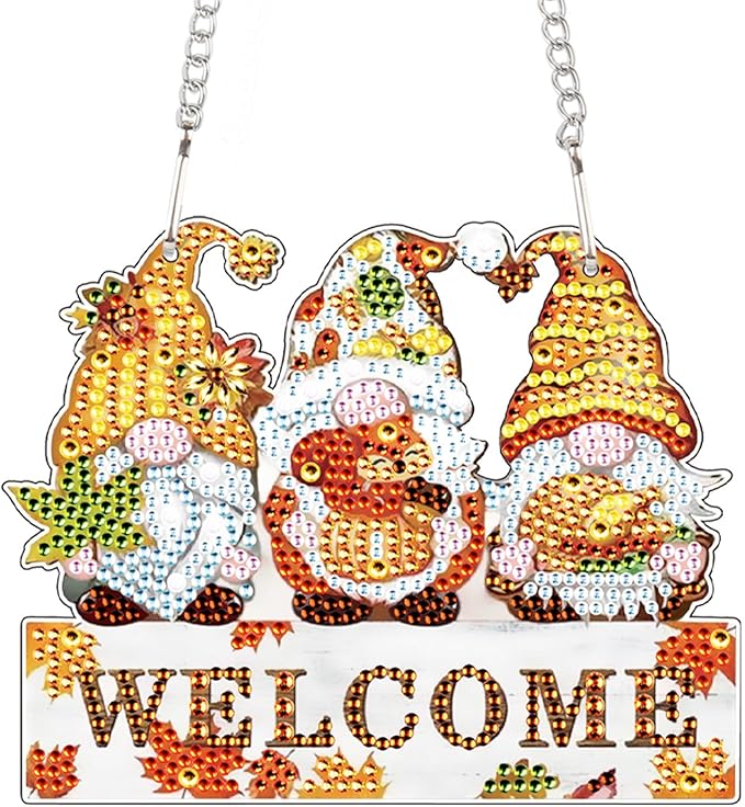AiYuanzsh Autumn Gnome Diamond Painting Hanging Sign, 5D DIY Acrylic Crystal Rhinestone Diamond Art Kit Pendant, Welcome Fall Decor for Door, Wall or Porch