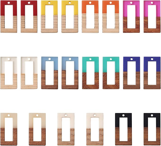 Beadthoven 22pcs/11 Pairs Natural Wood Resin Charms Hollow Rectangle DIY Earrings Pendants Mixed Colors Rectangle Frame Wooden Pieces Pendants for Statement Jewelry Making Findings