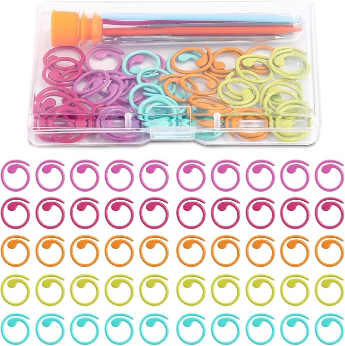 Lokunn 50 Pcs Crochet Stitch Markers, 5 Color Helical-Shaped Stitch Markers for Crocheting, 9 Pcs Large Eye Blunt Sewing Needles with Storage Box for DIY and Craft Sewing