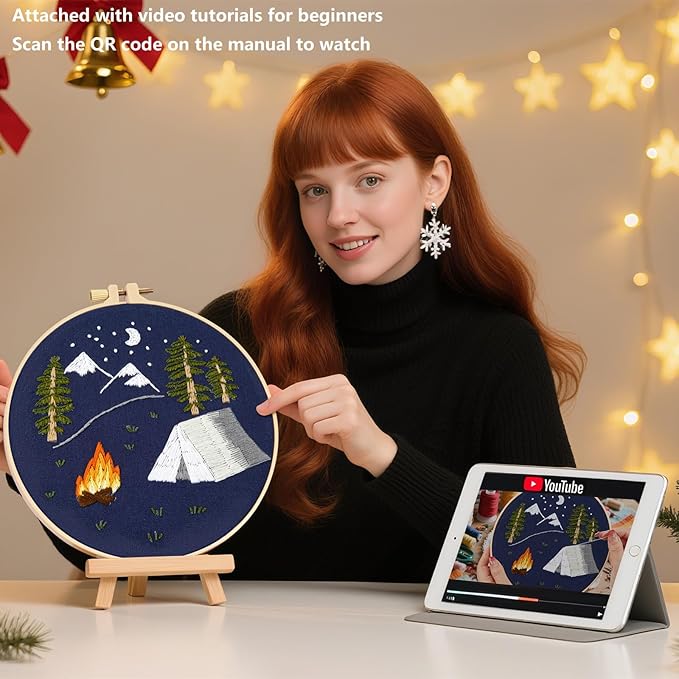 Crafmanoe Christmas Embroidery Kits for Beginners Adults, Hand Embroidery Starter Kits, Christmas Cross Stitch Kits for Beginners Craft Kits for Adults Women, Embroidery Hoops, Thread & Video Tutorial