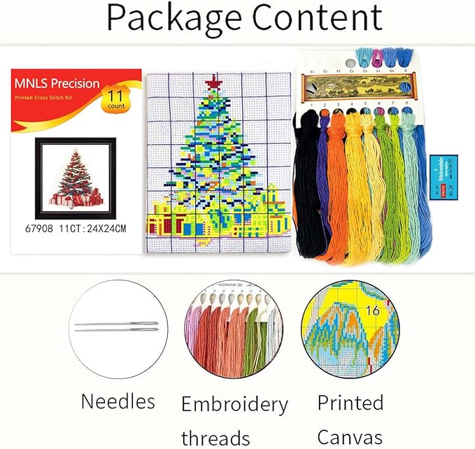 Zhenqing Christmas Tree Cross Stitch Kit – 11CT 9.45x9.45 Inch Aida Cloth with Gifts & Stars – Festive Red, Gold & Indigo Holiday Embroidery Set(67908)