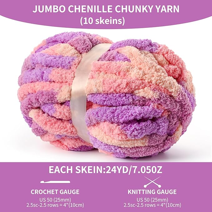 10 Pack Jumbo Chunky Yarn for Hand Knitting, Fluffy Variegated Chunky Chenille Yarn for Crocheting, 240yds/70.5oz Super Bulky Soft Crochet Baby Blanket Yarn(Pinkish Purple)