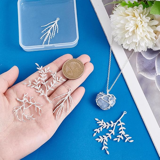 PH PandaHall 8pcs 4 Styles Branch Shape Blanks, Brass Pendant Trays Bezel Metal Claw Cage Pendant Frames Pendants Holder for Irregular Gemstone Cabochons Rhinestones DIY Jewelry Making, Silver