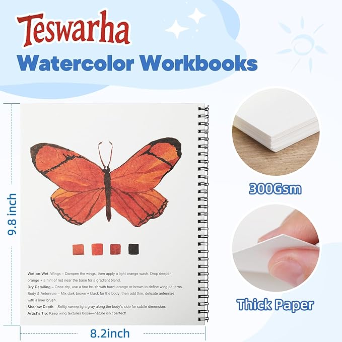 Teswarha Watercolor Workbook Using Thick Real Cotton Watercolor Paper for Adults Teens Spiral Bound 300GSM Art Paper 12 Sheets Animals 8.2 x 9.8in