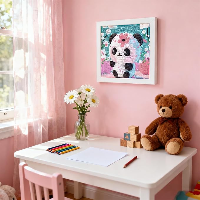 PERFECTSIGHT Cute 5D Diamond Art Kits with Wooden Frame, Kawaii DIY Painting Art for Adults Teens, Diamond Arts and Crafts Sets, Big Gem Full Drill Diamond Dots for Women Beginners (Flower Panda)